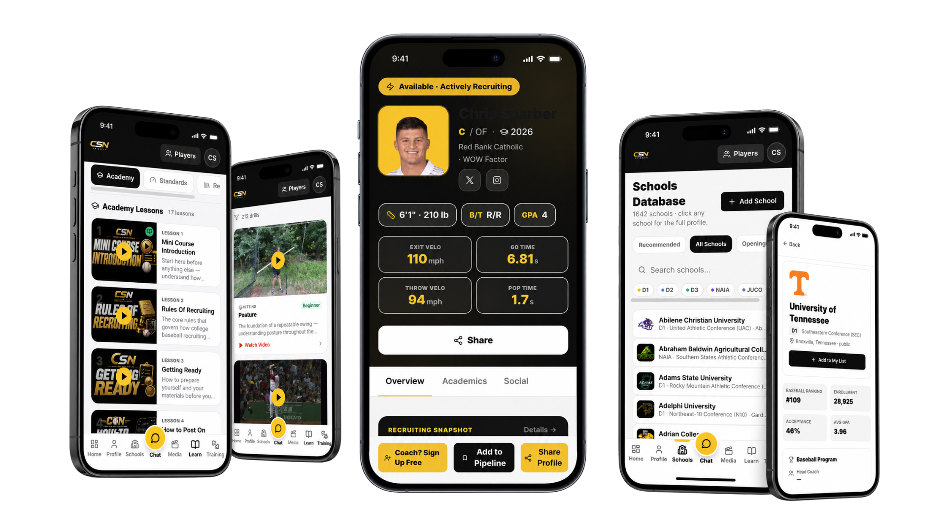 CSN Sports app — Academy, Drills, Profile, Schools, and School Detail screens