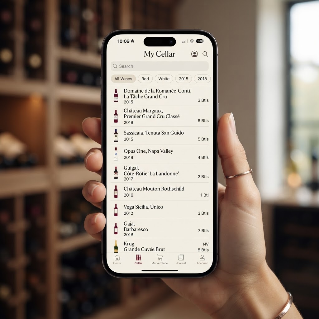 Cellar Horizon mobile app showing wine list