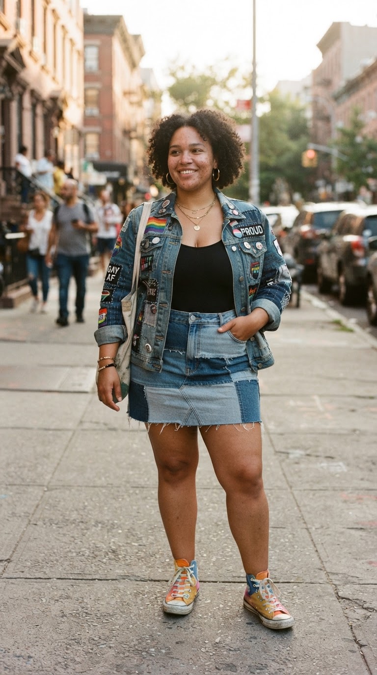 The Denim-on-Denim Patchwork — plus size pride outfit inspiration