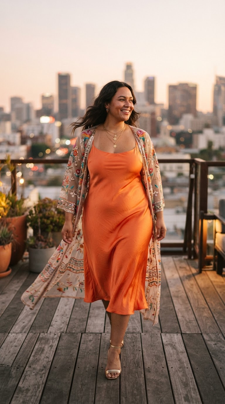 The Satin Slip and Statement Kimono — plus size pride outfit inspiration