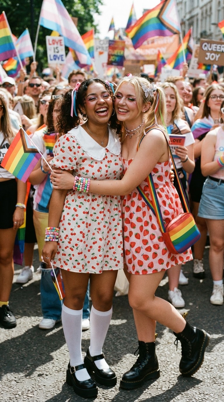 Y2K pride outfit idea 15 - Cherry Print Babydoll Dress with Platforms