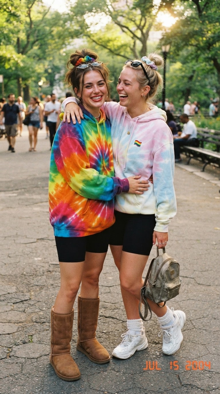 Y2K pride outfit idea 12 - Tie-Dye Pride Hoodie & Bike Shorts