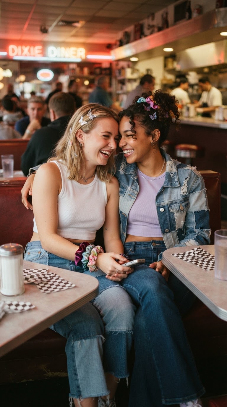 Y2K pride outfit idea 14 - Scrunchie Stack & Patchwork Denim