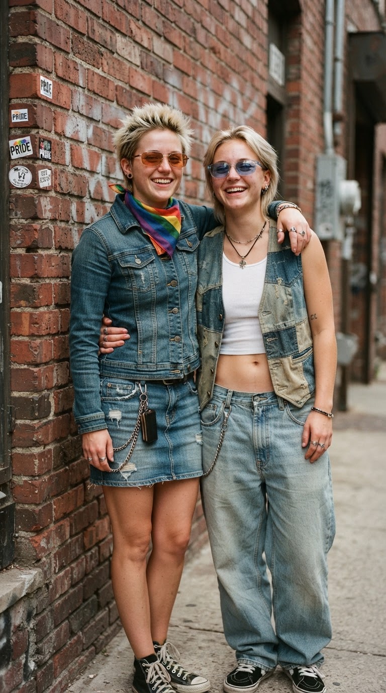 Y2K pride outfit idea 3 - Denim-on-Denim with Pride Bandana