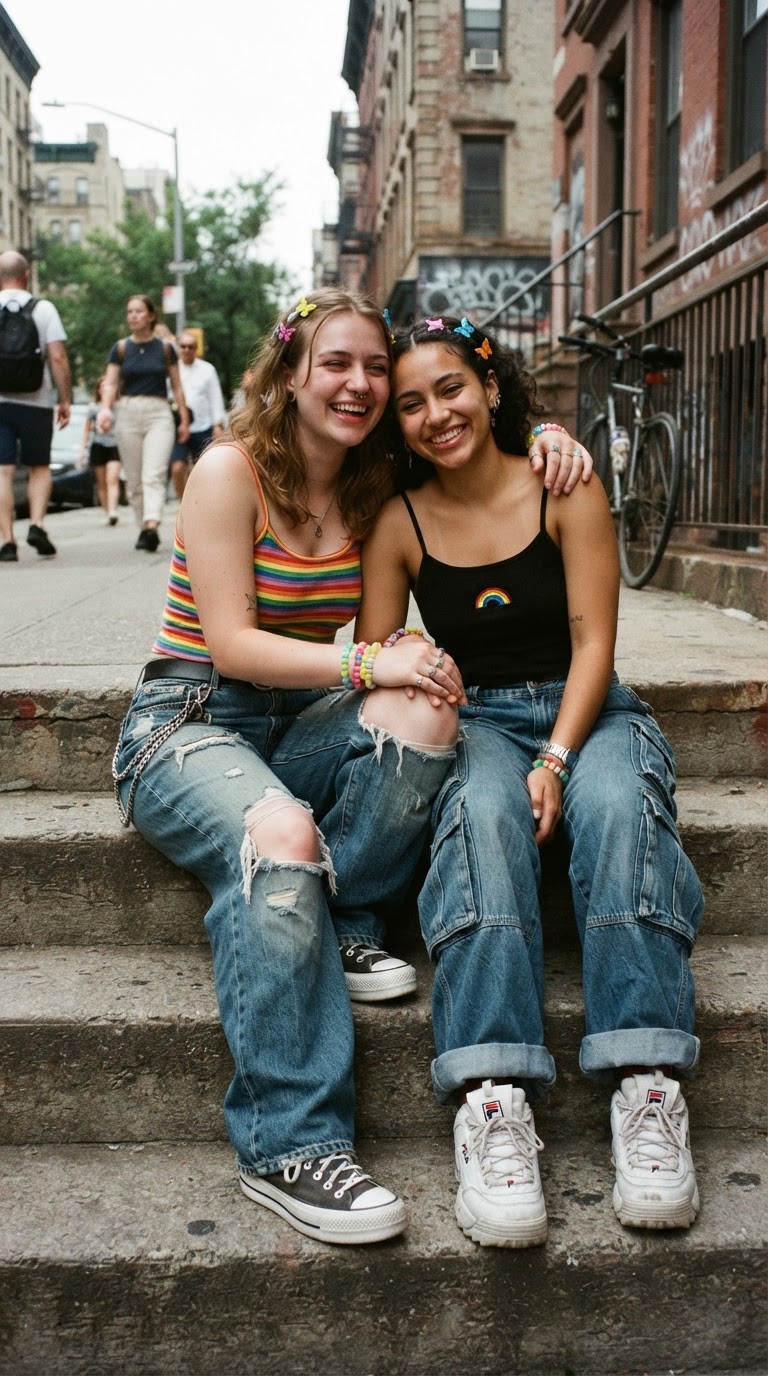 Y2K pride outfit idea 10 - Baggy Jeans & Spaghetti Strap Pride Tank