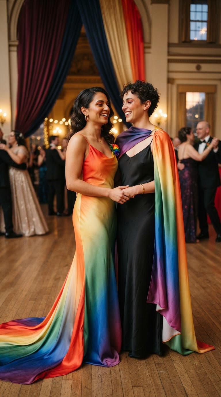Two women wearing ombre pride-colored silk gowns with dramatic trains at a pride-themed prom.