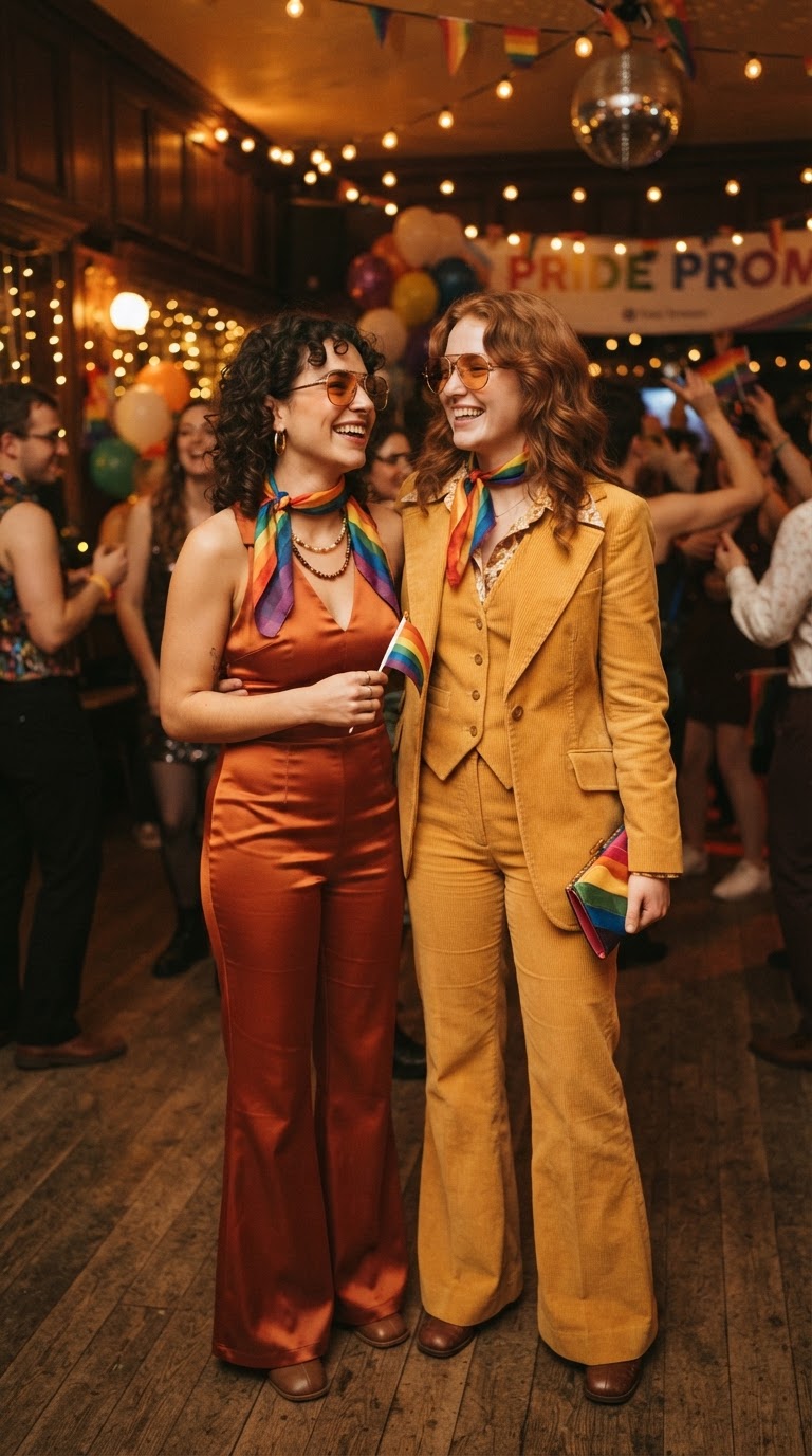 Two women wearing 70s-inspired flared satin jumpsuits and corduroy suits at a pride-themed prom.