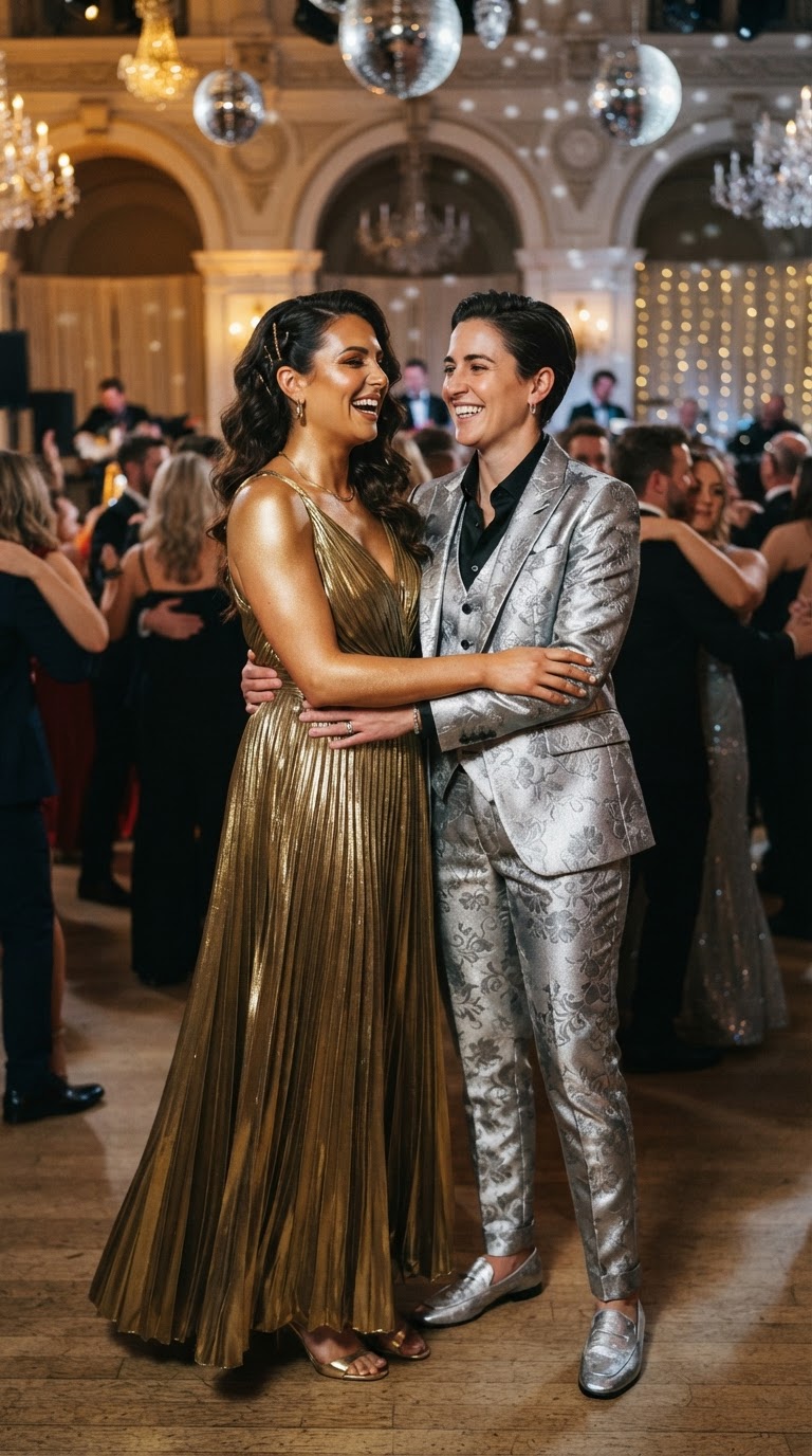 Two women wearing metallic gold and silver lame gowns at a pride-themed prom.