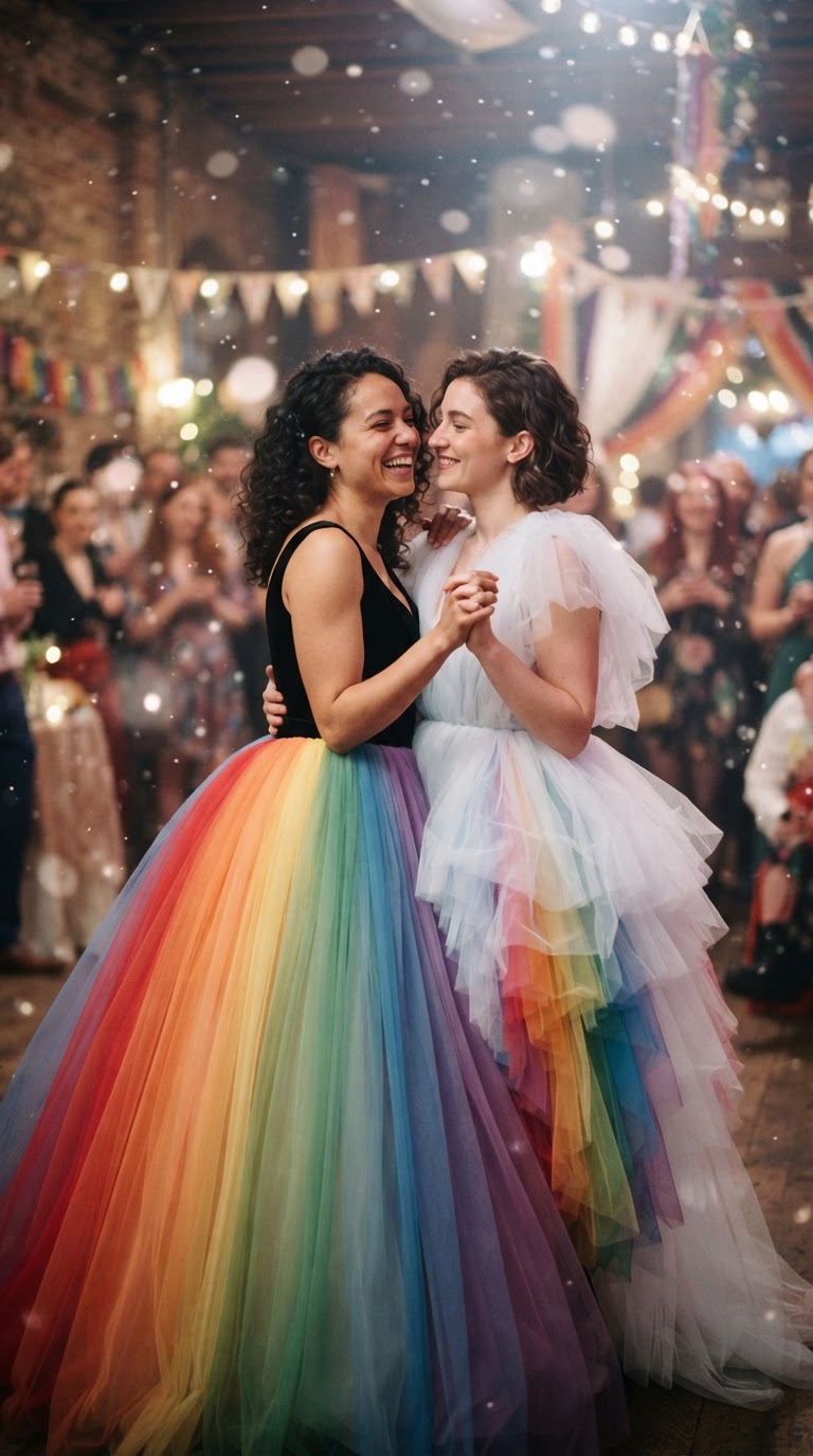 Two women wearing rainbow-graded tulle ballgowns at a pride-themed prom.