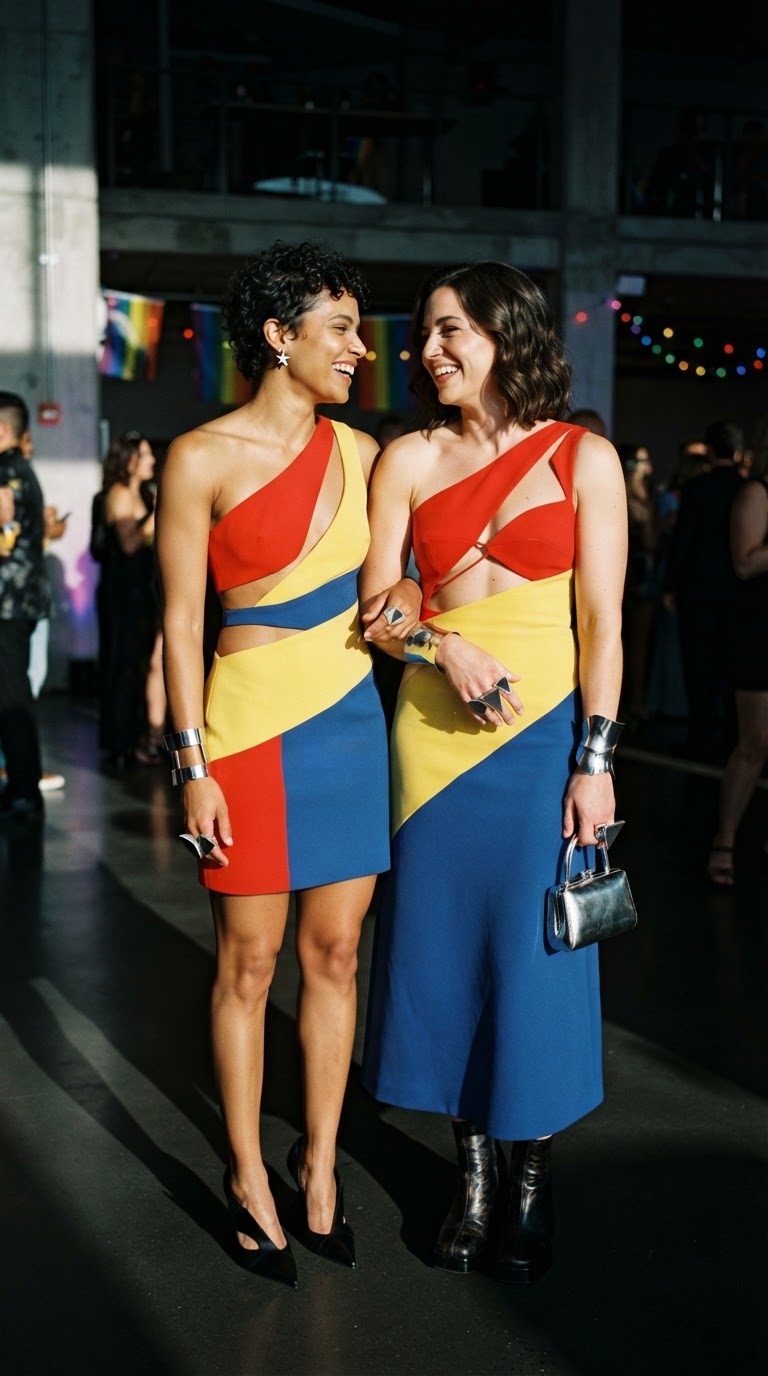 Two women wearing asymmetrical color-blocked pride-colored dresses at a pride-themed prom.