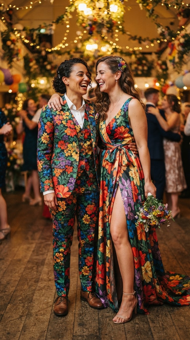 Two women wearing matching floral print suit and gown at a pride-themed prom.