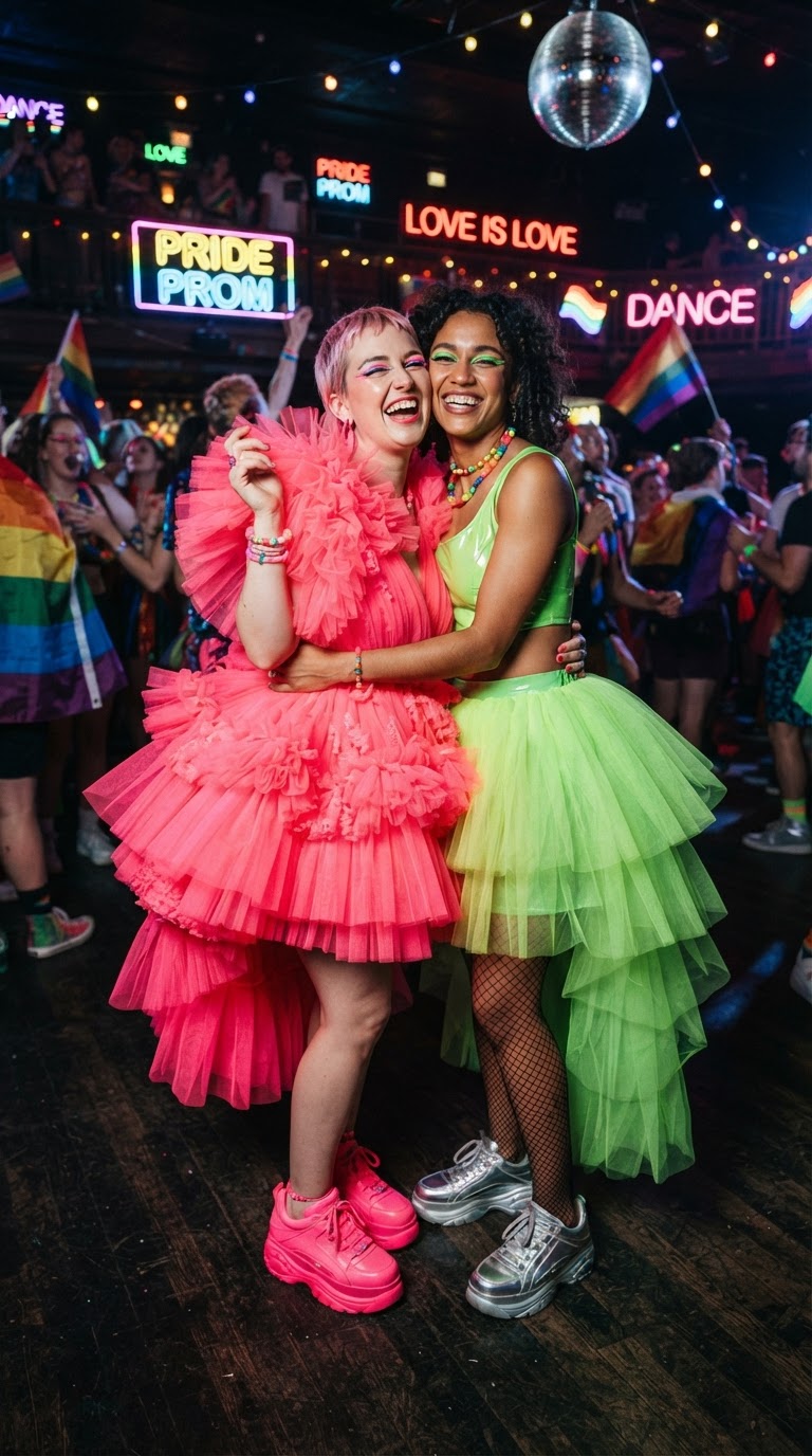 Two women wearing neon pink and lime green tulle dresses at a pride-themed prom.