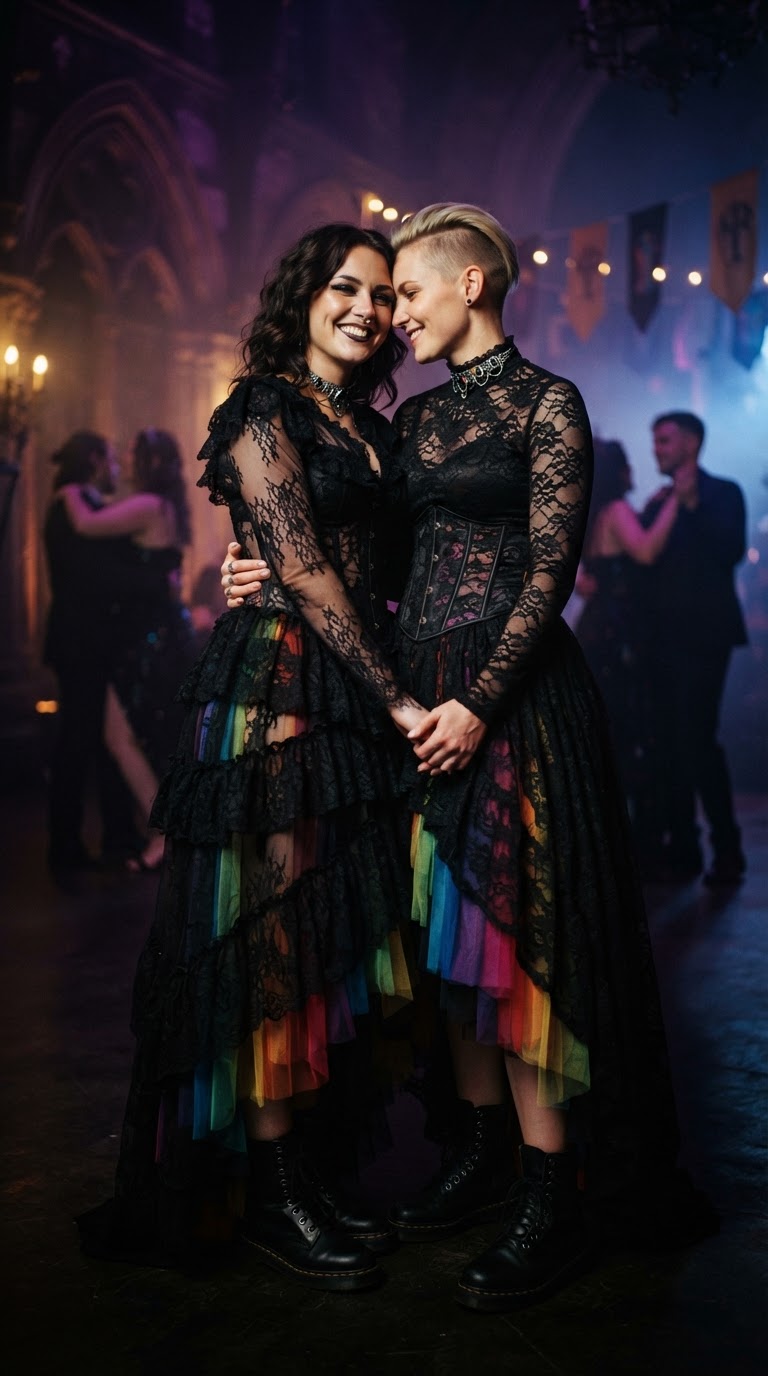 Two women wearing Victorian-inspired black lace dresses with rainbow underlays at a pride-themed prom.