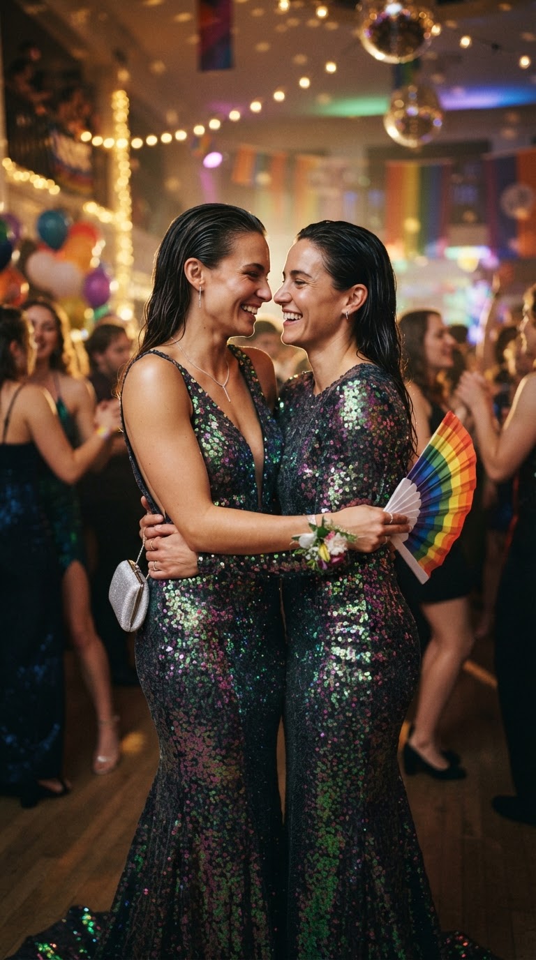 Two women wearing iridescent multi-chromatic sequin mermaid gowns at a pride-themed prom.