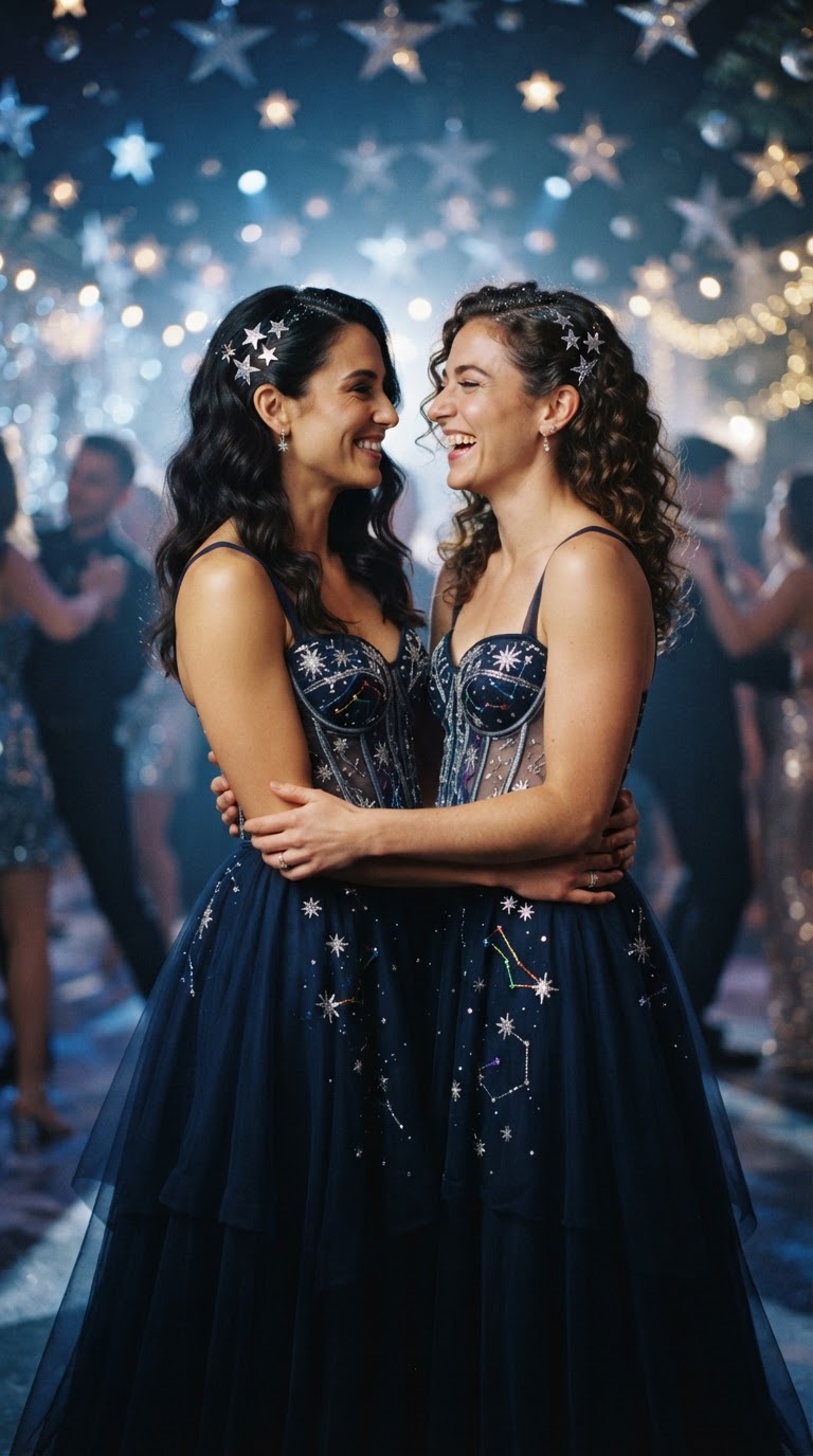 Two women wearing midnight blue chiffon dresses with silver star embroidery at a pride-themed prom.