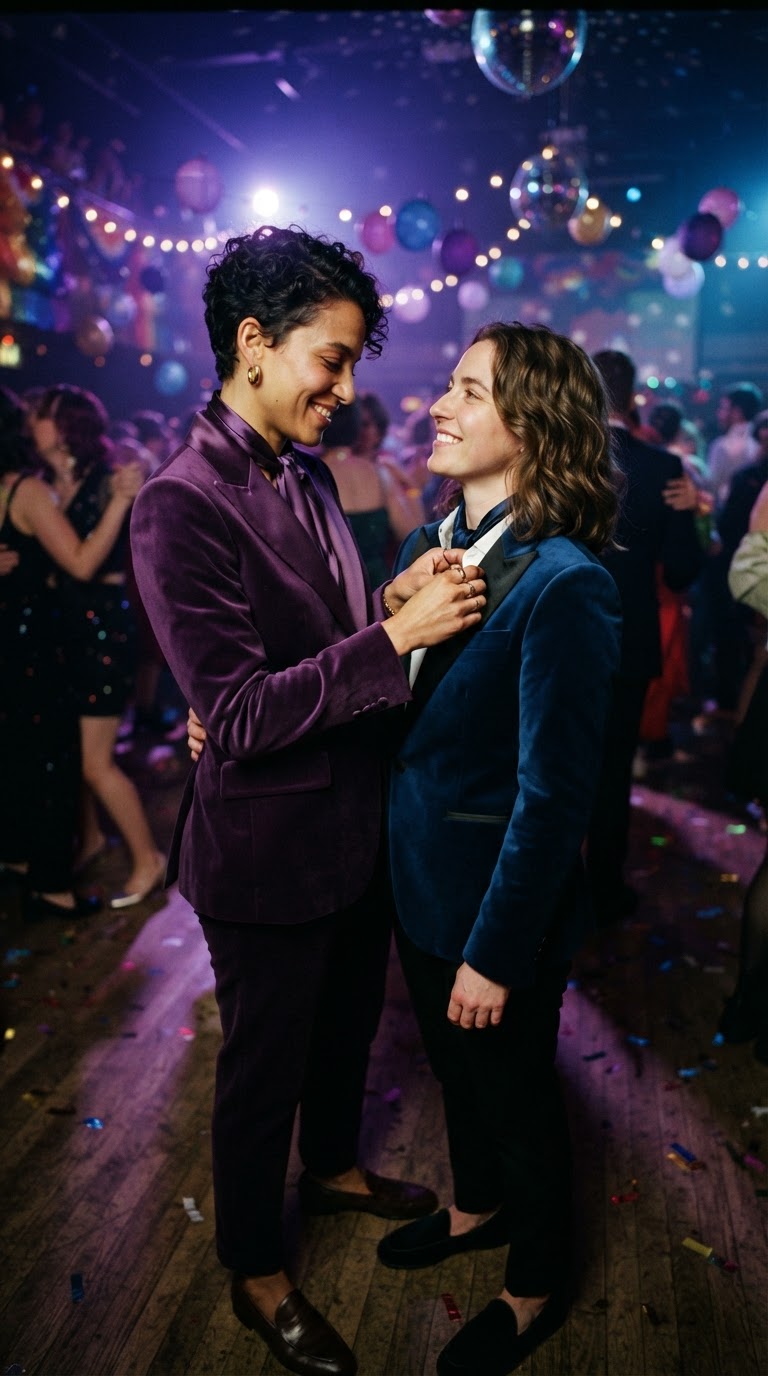 Two women wearing deep purple and sapphire blue velvet tuxedos at a pride-themed prom.