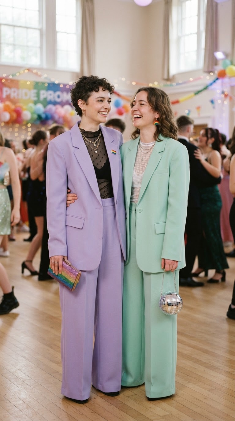 Two women wearing lavender and mint green oversized pastel suits at a pride-themed prom.