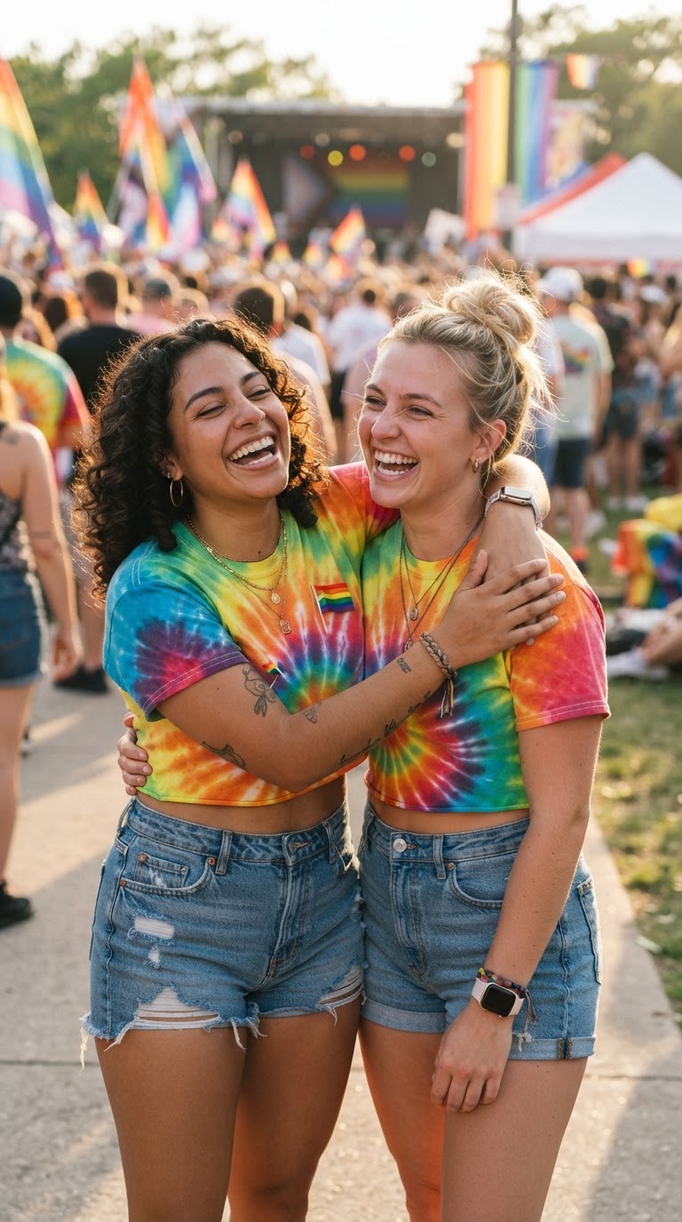 Two women wearing rainbow tie-dye crop tops with denim shorts at pride festival