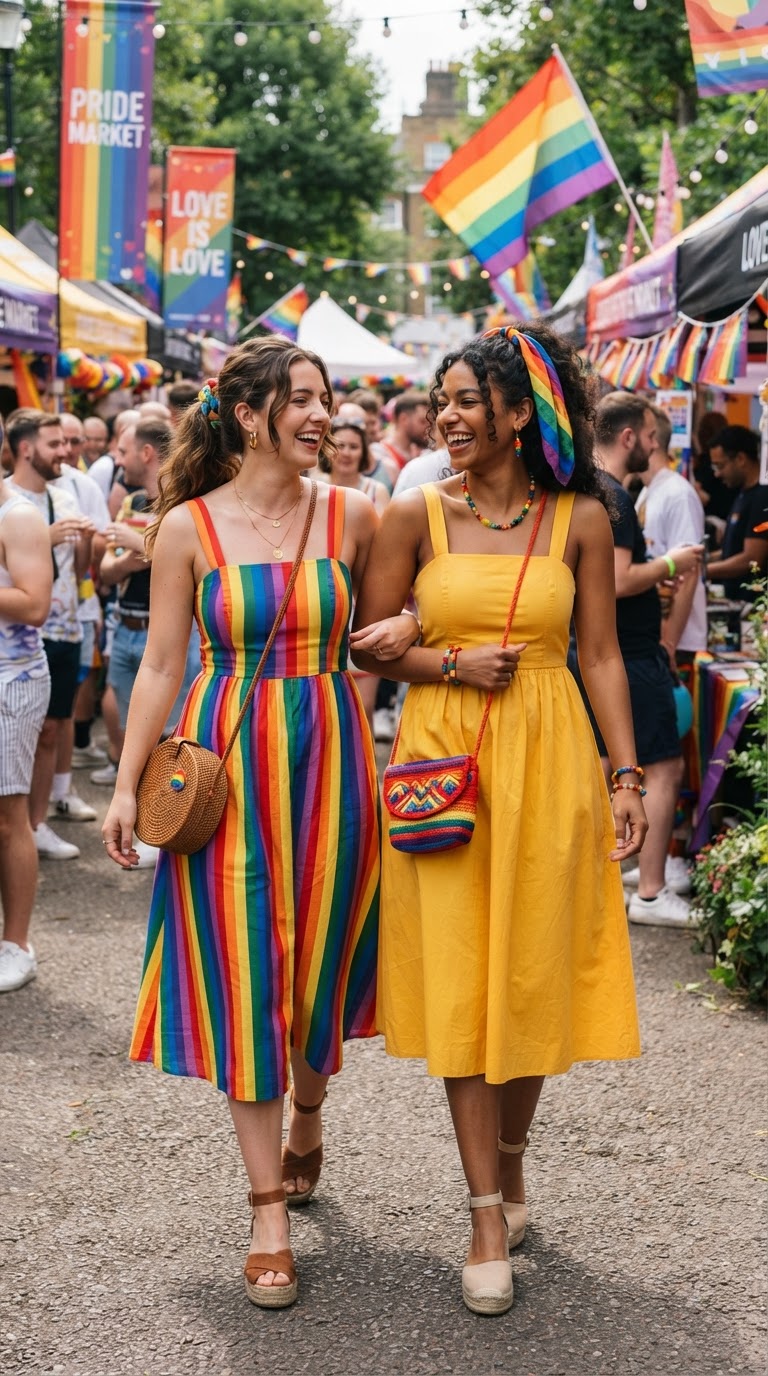 Two women wearing rainbow sundresses walking through a pride festival market