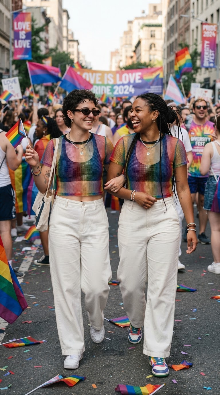 Two women wearing mesh rainbow tops with white linen pants at a pride parade