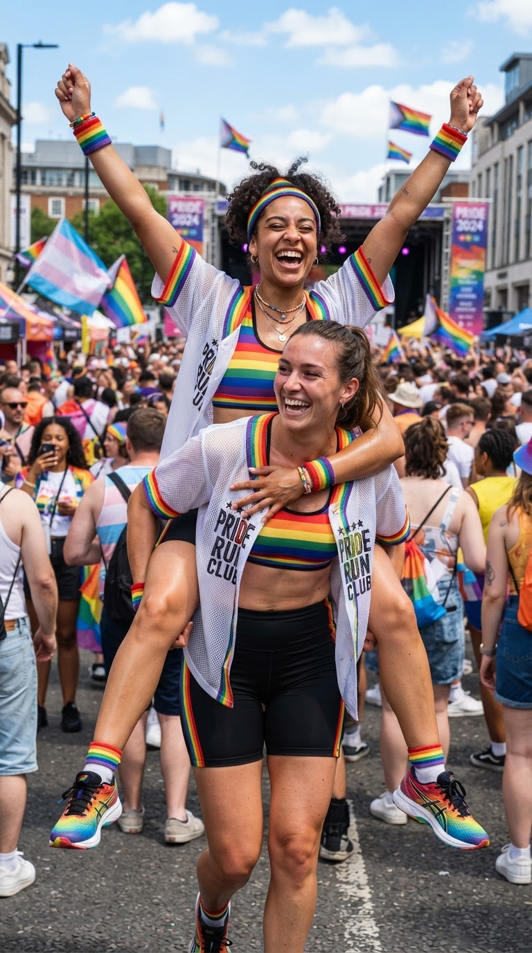 Two women in athletic pride outfits with mesh jerseys at a festival