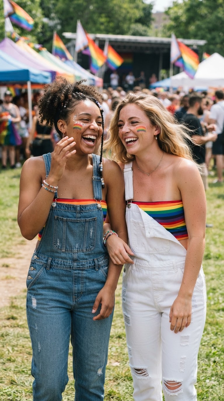 Two women in denim overalls with rainbow tube tops at pride event