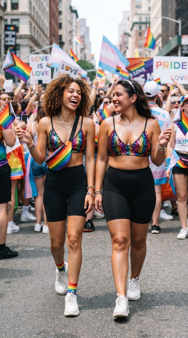 Two women wearing rainbow sequin bralettes and bike shorts at pride parade