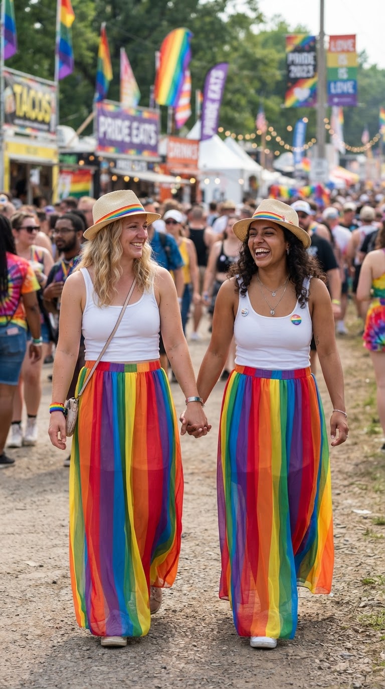 Two women in rainbow maxi skirts and white tanks walking hand-in-hand at pride festival