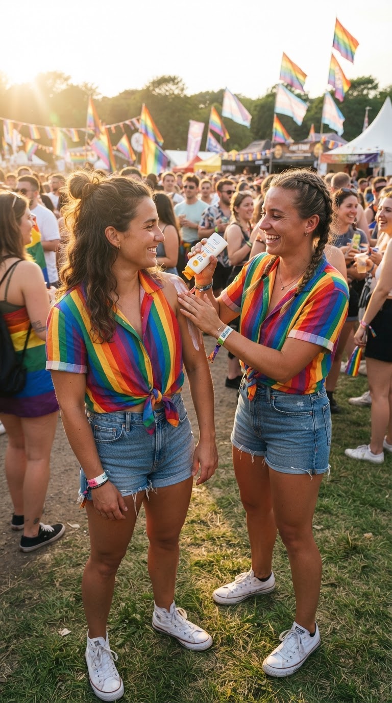 Two women in rainbow stripe button-up shirts with cutoff shorts at a pride festival