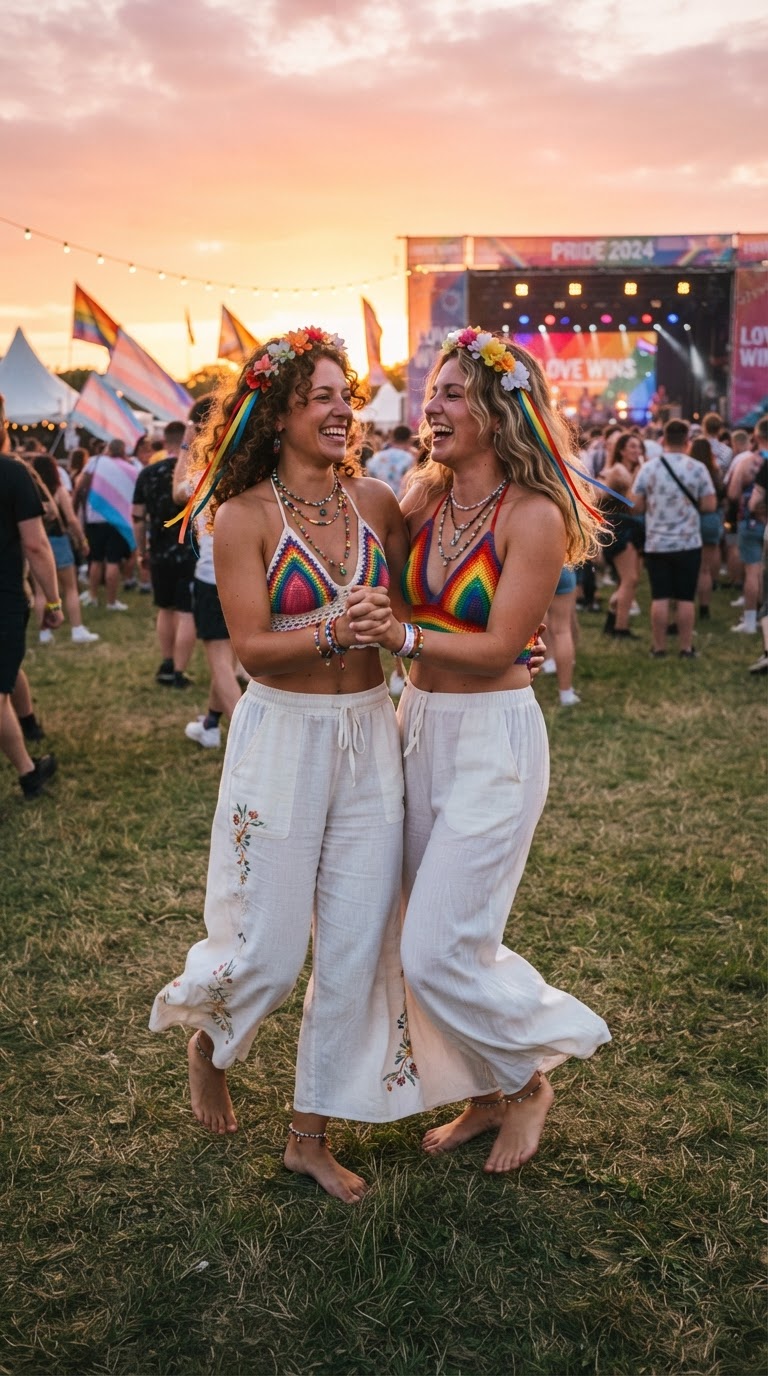 Two women in boho crochet halter tops and palazzo pants dancing at sunset pride festival