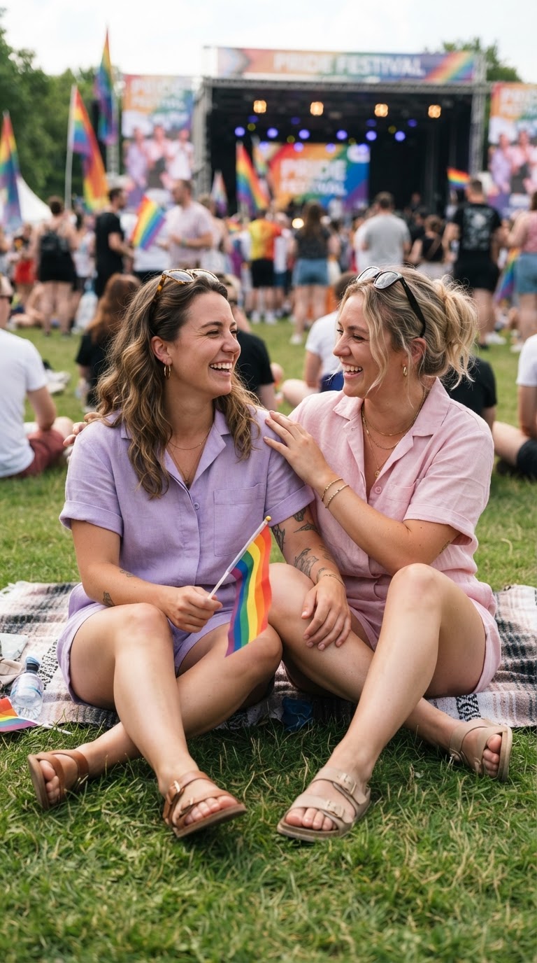 Two women in pastel linen rompers sitting on grass at a pride festival