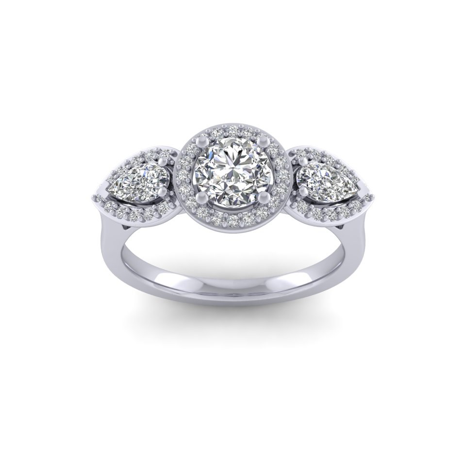 Three-Stone Halo Diamond Ring with Pear Sides | 18ct White Gold 1