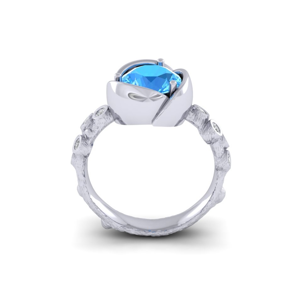 Swiss Blue Topaz Organic Solitaire Ring | Diamond Shoulders 18ct White Gold 2