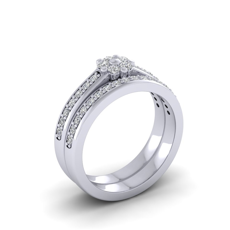 Diamond Cluster Bridal Set | Floral Halo Engagement & Wedding Band 18ct White Gold 1