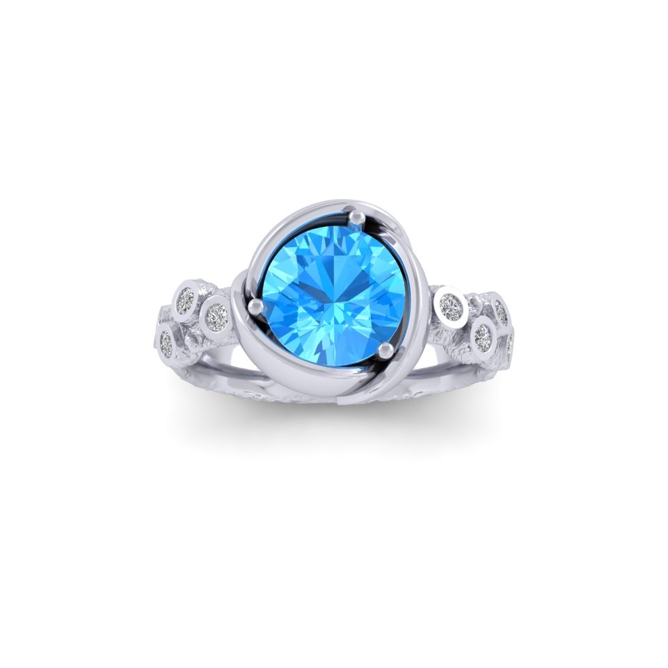 Swiss Blue Topaz Organic Solitaire Ring | Diamond Shoulders 18ct White Gold 1