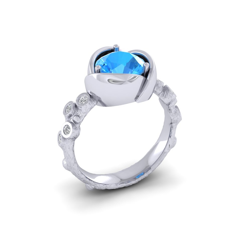 Swiss Blue Topaz Organic Solitaire Ring | Diamond Shoulders 18ct White Gold 3