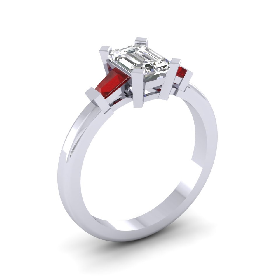 Emerald Cut Diamond & Ruby Three-Stone Ring | 18ct White Gold 1