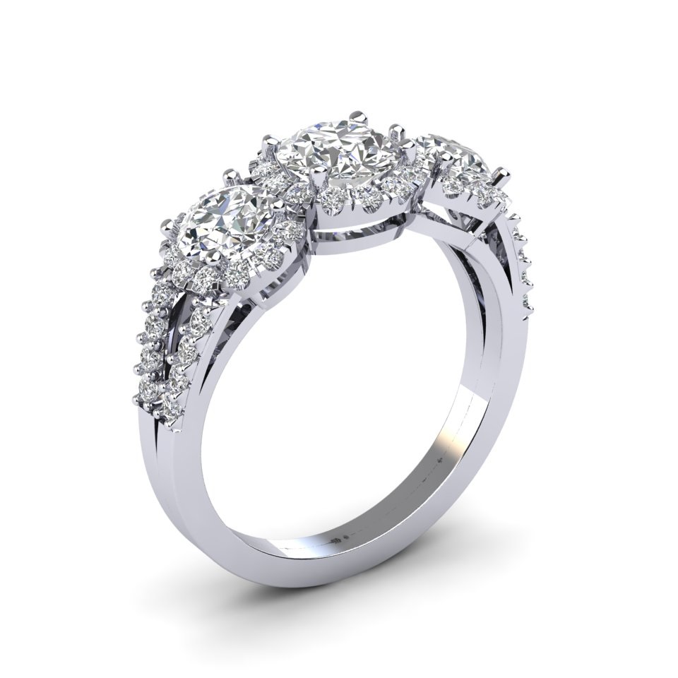 Three-Stone Halo Diamond Engagement Ring | Round Brilliant 18ct White Gold 1