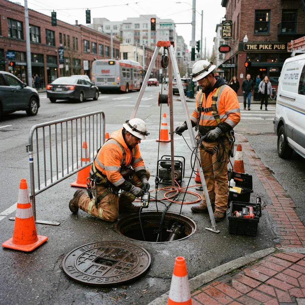 Maintenance crew servicing a sewer collection system