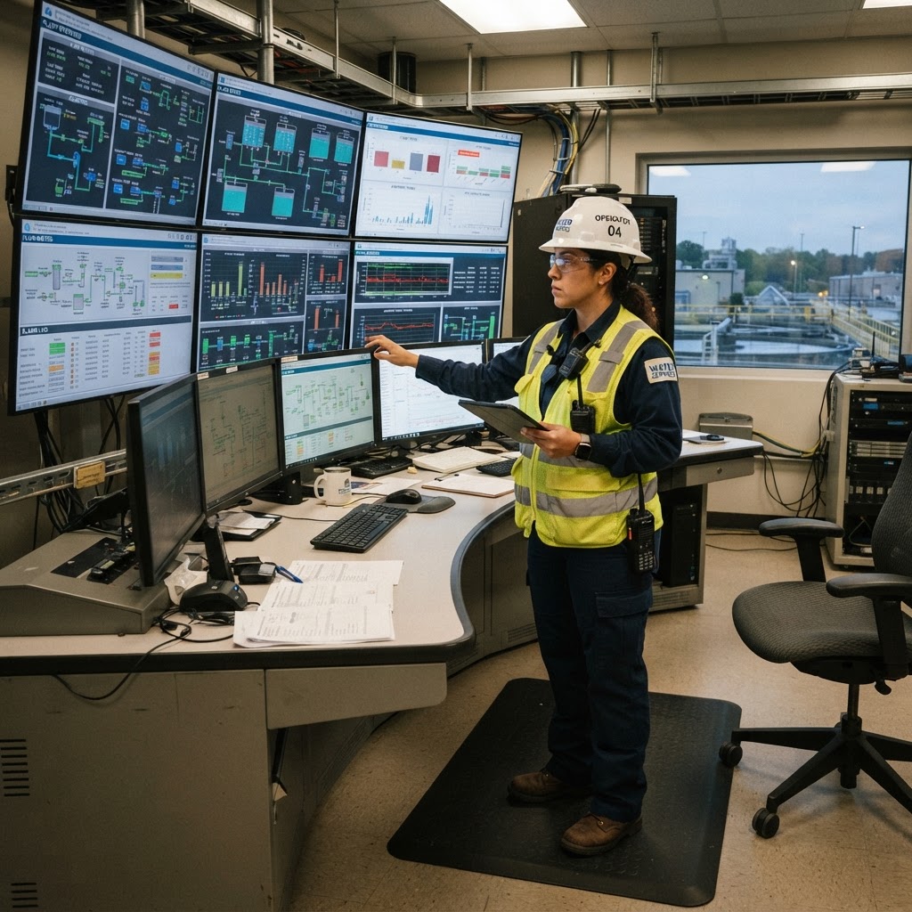 Operator monitoring plant control room dashboards