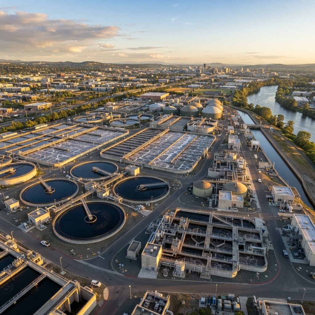 Aerial view of a municipal wastewater treatment plant