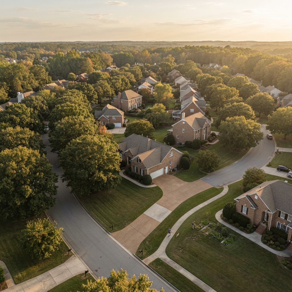 Established Charlotte neighborhood at golden hour