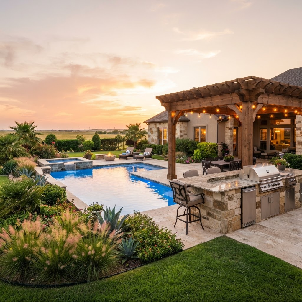 Luxury backyard in Amarillo with outdoor kitchen, pergola, and swimming pool at golden hour