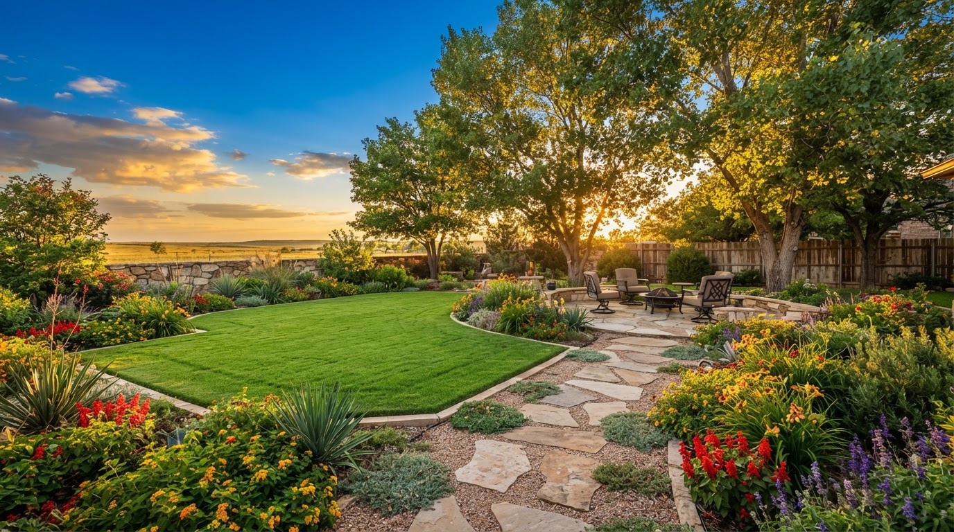 Beautifully landscaped Amarillo yard with vibrant green grass and colorful flower beds