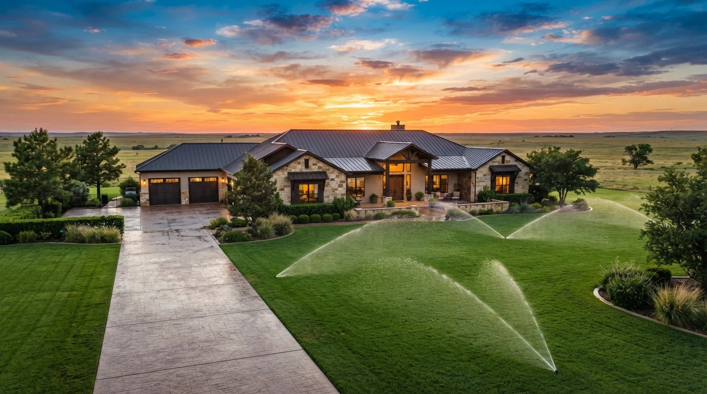 Beautiful Amarillo home with lush green lawn and sprinkler system at golden hour