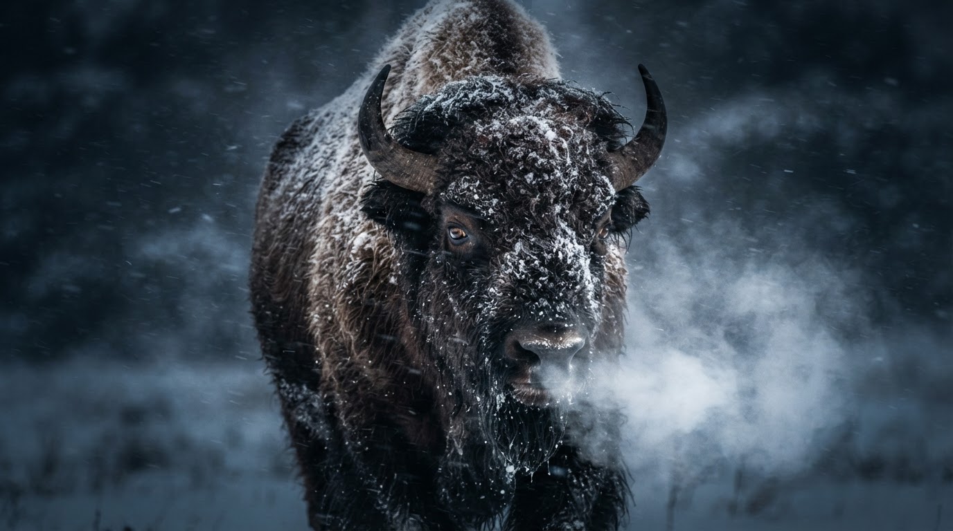 Buffalo standing resolute in a storm, steam rising from its breath