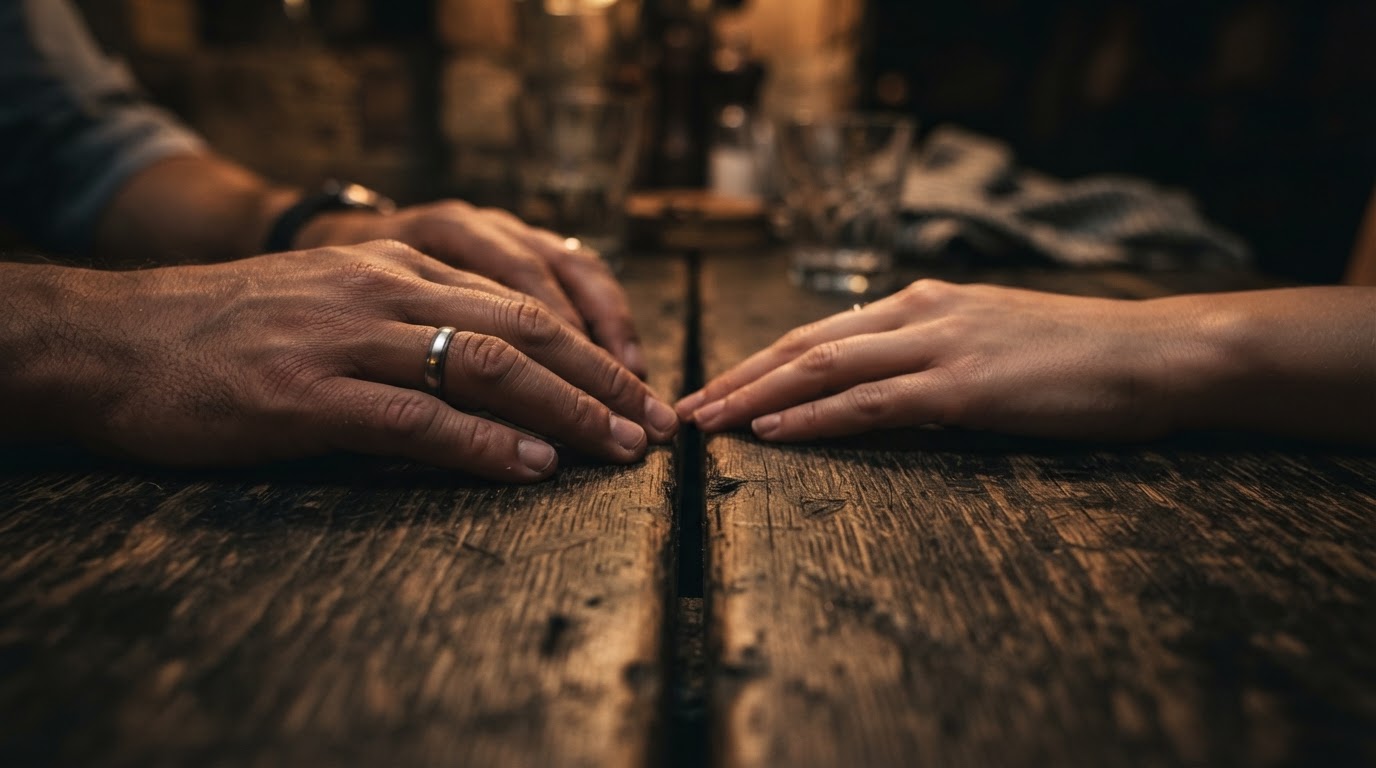 Two hands resting near each other on a weathered wooden surface, close but not touching