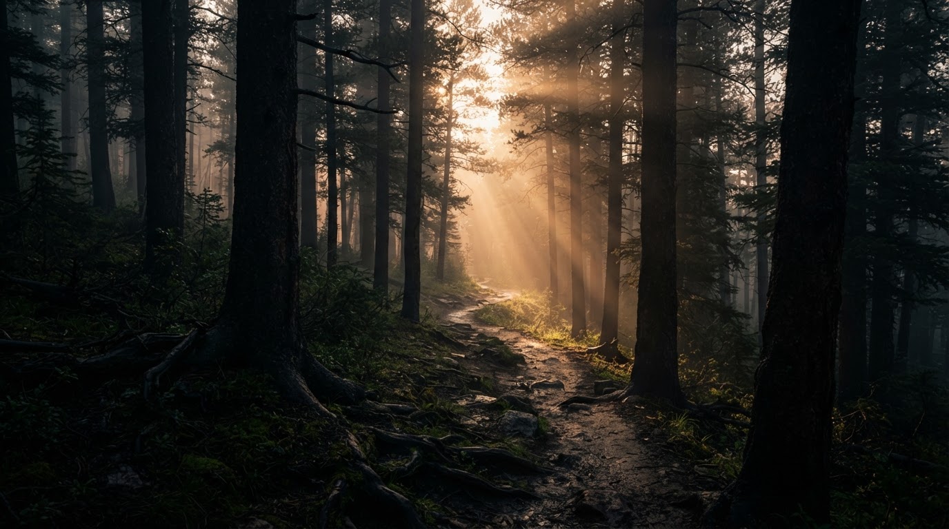 Dark forest with light breaking through the trees