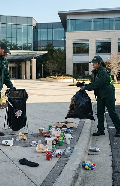 Facility care crew cleaning the exterior grounds of a commercial property