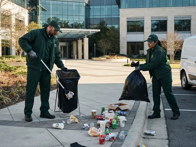 Facility care crew cleaning the exterior grounds of a commercial property